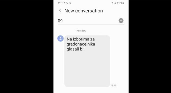 Primjer promidžbene SMS poruke (dio informacija je naknadno izbrisan)