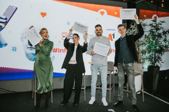 Prvi polaznici Škole odgovornog influensanja - Nevena Rendeli Vejzović, Dora Martinović, Nenad Hadžihajdić (PvtMole), Leon Žilavi (Magic Leon).jpg