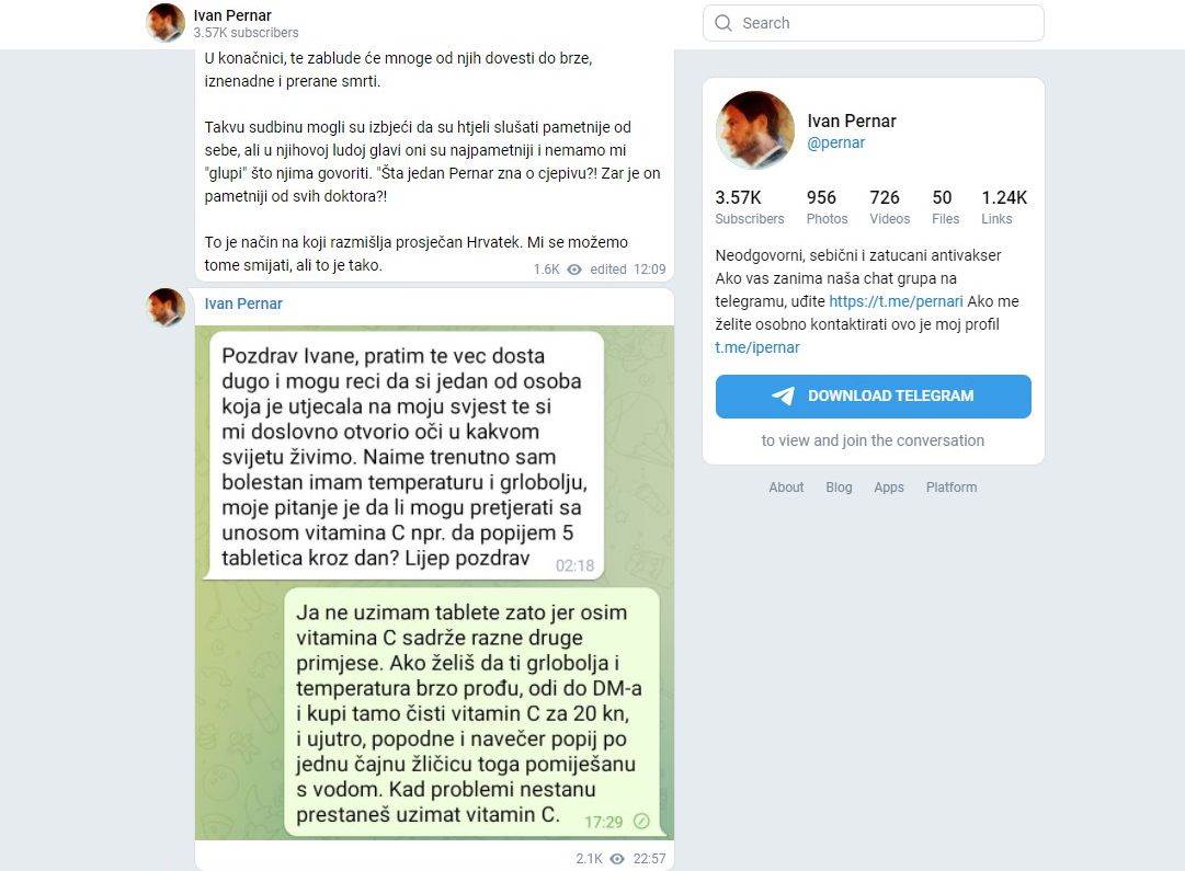 Ekstremisti, ali i antivakseri poput Pernara obožavaju aplikaciju Telegram