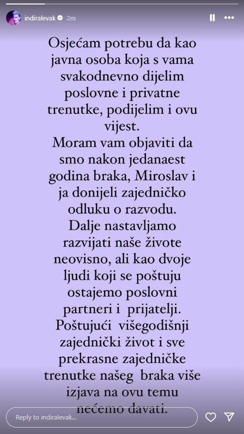 Indira Levak objavila da se razvodi
