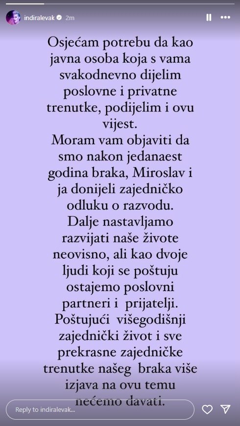 Indira Levak objavila da se razvodi
