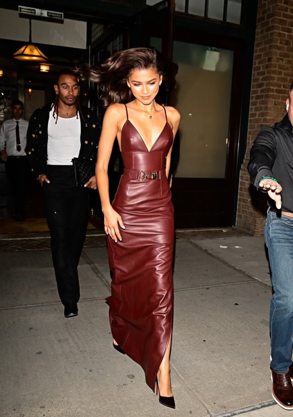 Zendaya u burgundy kožnoj haljini
