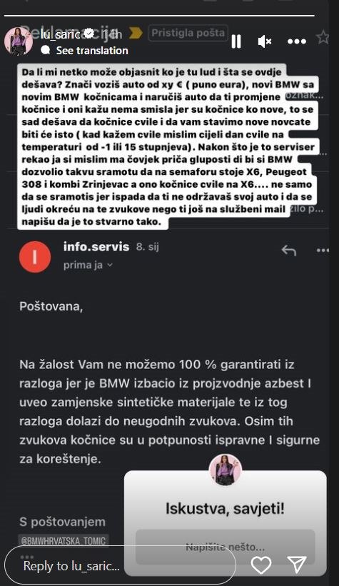 Lucija Šarić se požaila da joj cvile kočnice od BWM-a