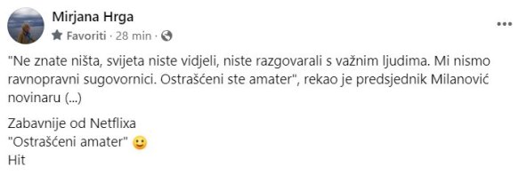 Facebook status Mirjane Hrge o Zoranu Milanoviću