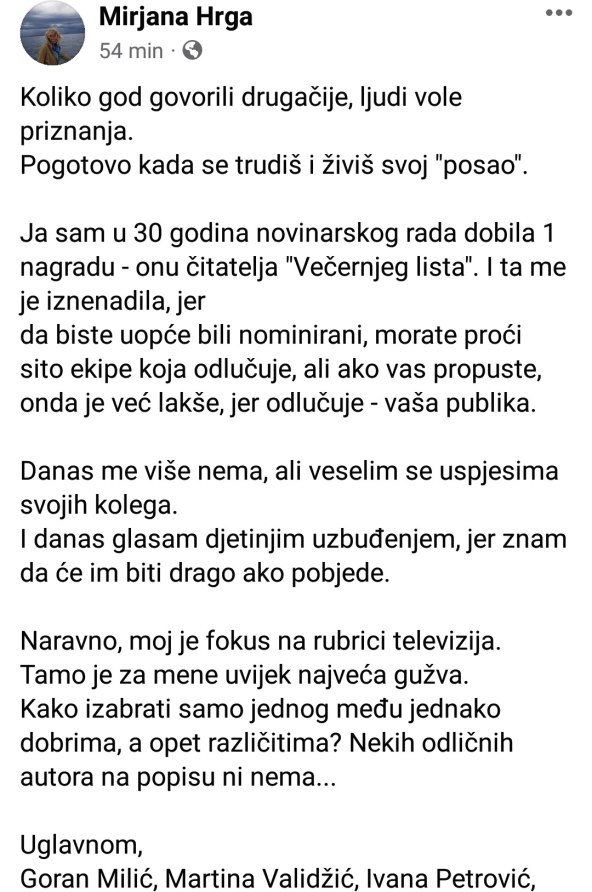 Mirjana Hrga o novinarskim nagradama