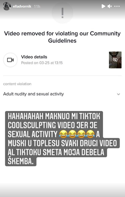 DRUŠTVENA MREŽA UKLONILA OBJAVU ELLE DVORNIK 'Smeta im moja debela škemba'
