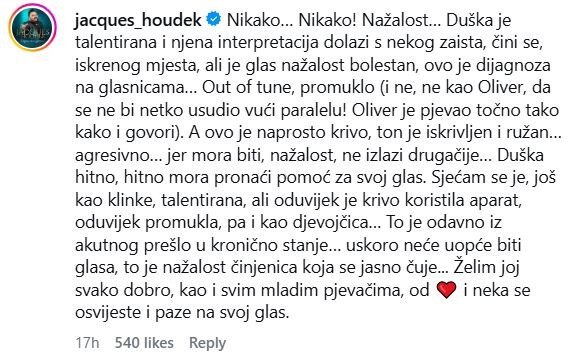 Jacques Houdek komentirao izvedbu Duške Brčić-Šušak