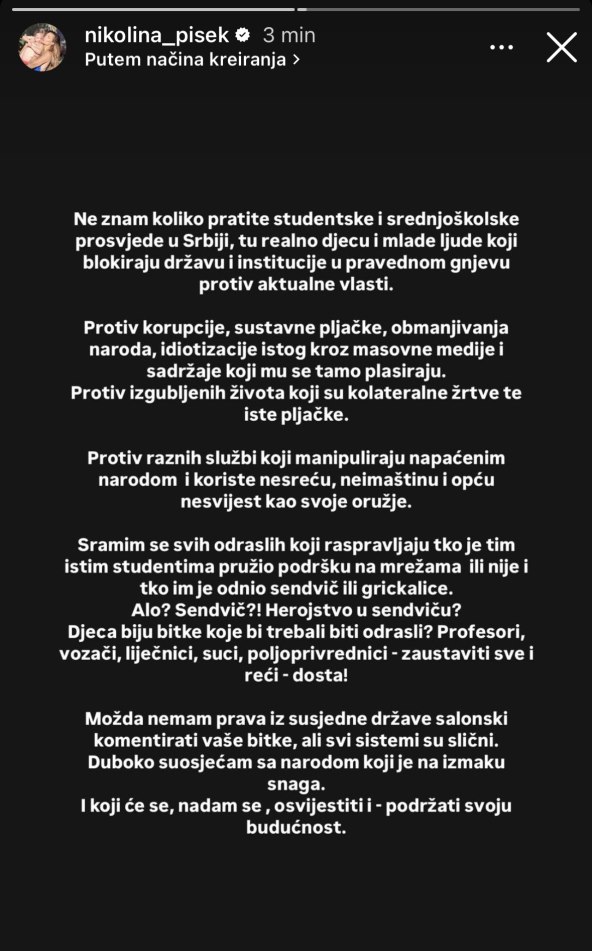 Nikolina Pišek o prosvjedima studenata u Srbiji