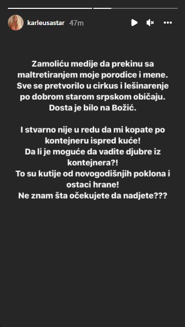 Izjava Jelene Karleuše na Instagramu