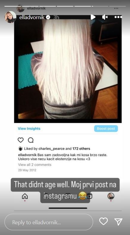 Prva objava na Instagramu Elle Dvornik