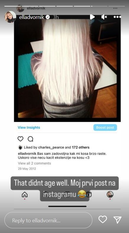 Prva objava na Instagramu Elle Dvornik