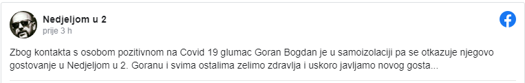Goran Bogdan otkazao gostovanje jer je bio u kontaktu sa zaraženom osobom
