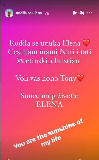 Tony Cetinski na Instagramu o rodenju Elene