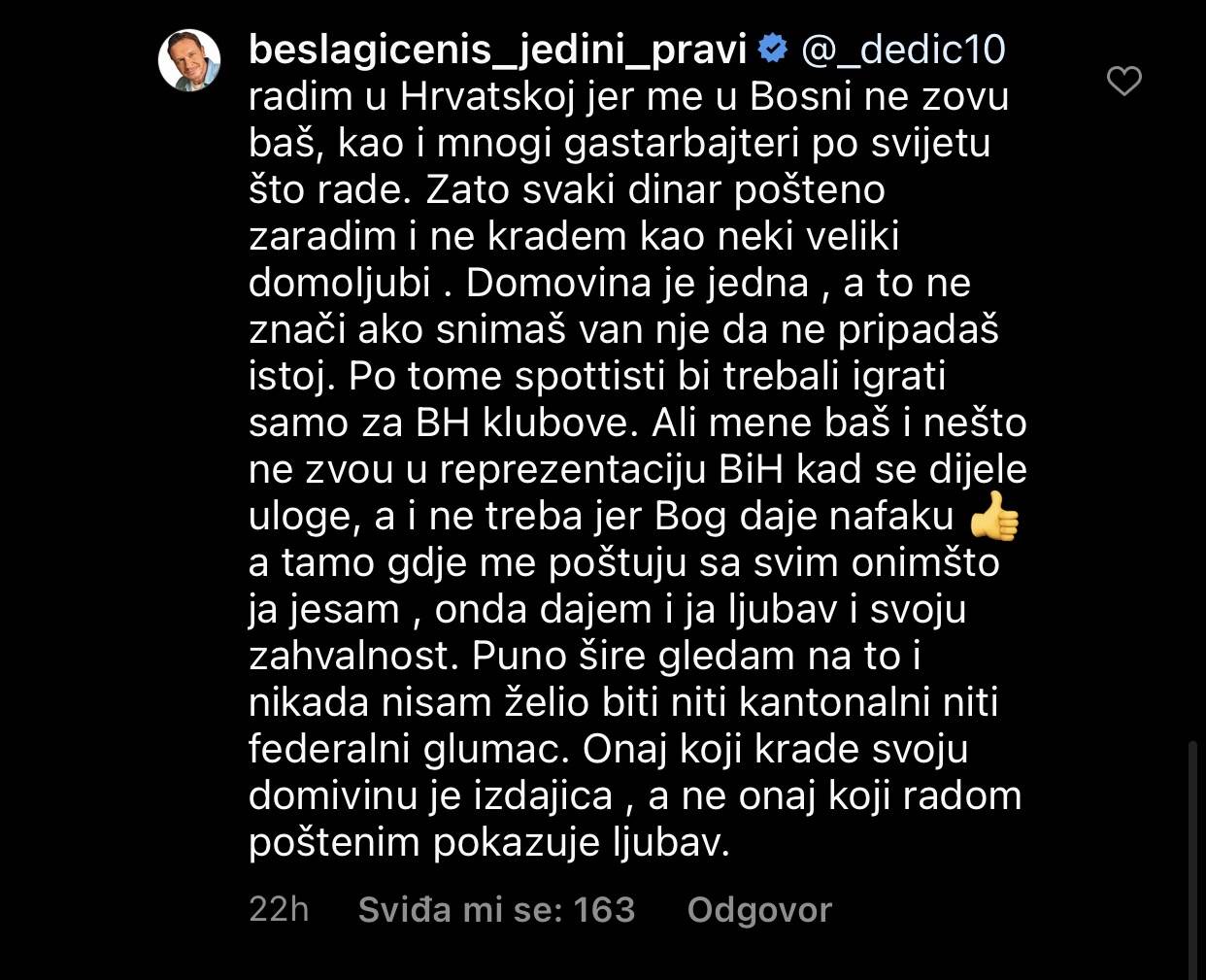 Enis Bešlagić odgovorio na Instagramu