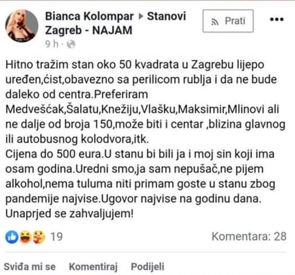 Bianca Kolompar traži stan u Zagrebu