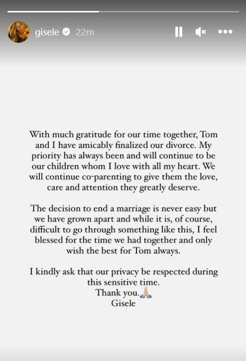 Gisele Bundchen objavila da se razvodi od Toma Bradyja na Instagramu