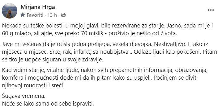 Mirjanu Hrgu rastužila je vijest o smrti mlade djevojke