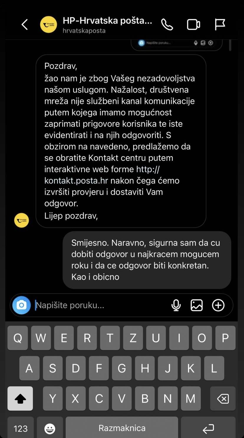 Razgovor Paule Sikirić i Hrvatske pošte preko Instagrama.