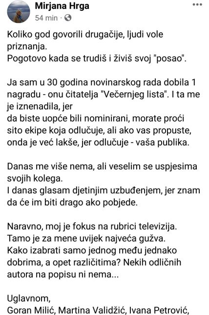 Mirjana Hrga o novinarskim nagradama