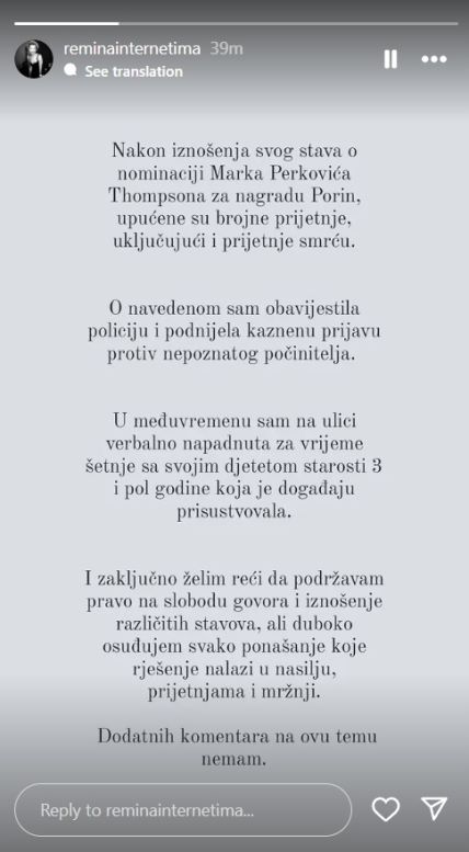 Mirela Priselac Remi otkrila da je dobila brojne prijetnje zbog svoje izjave oko Thompsonove nominacije za Porin