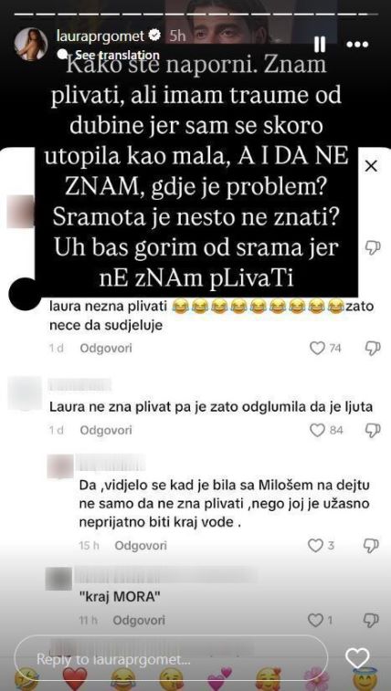 Laura Prgomet objavila komentare hejtera koji tvrde da ona ne zna plivati