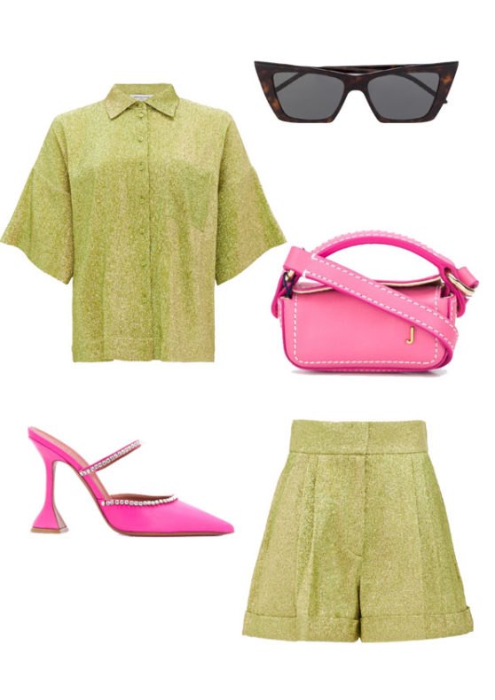 Top i hlačice FRANCOISE, naočale SAINT LAURENT, mikro torbica JACQUEMUS, cipele AMINA MUADDI.