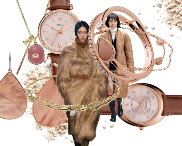 Hora plus: Fossil naušnice, 569 kn; Fossil ogrlica, 569 kn; Fossil prsten, 299 kn; Fossil narukvica u boji žutog zlata, 369 kn; Fossil sat od nehrđajućeg čelika s kožnatim remenom, 819 kn; Fossil narukvica u boji ružičastog zlata, 489 kn