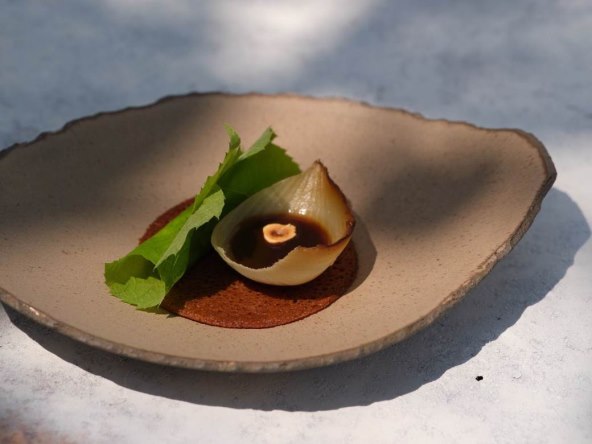 16_Where is the meat_ Injera of roasted barley flour and dark malted barley oil, ONION, lamb, chicken, pork offcuts stock, cherry and linden leave wrap