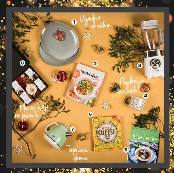 Arena Centar i Arena Park:1. Tanjuri Jysk, 40kn/kom; 2. Knjiga “Svaki dan nešto novo, Hoću knjigu, 245 kn; 3. Phillips blender, Elipso, 469 kn, (akcijska cijena do 13.12.2021.); 4. Šalica Pepco, 26 kn; 5. Knjiga Juhe i variva, BIO&BIO, 51, 50 kn; 6. Knjiga “World Cheese knjiga”, Hoću knjigu, 199 kn; 7. Ariete kuhalo za vodu, Elipso, 259 kn; 8. Poklon paket začina (sirup od đumbira i čajevi), Harissa, 168,54 kn