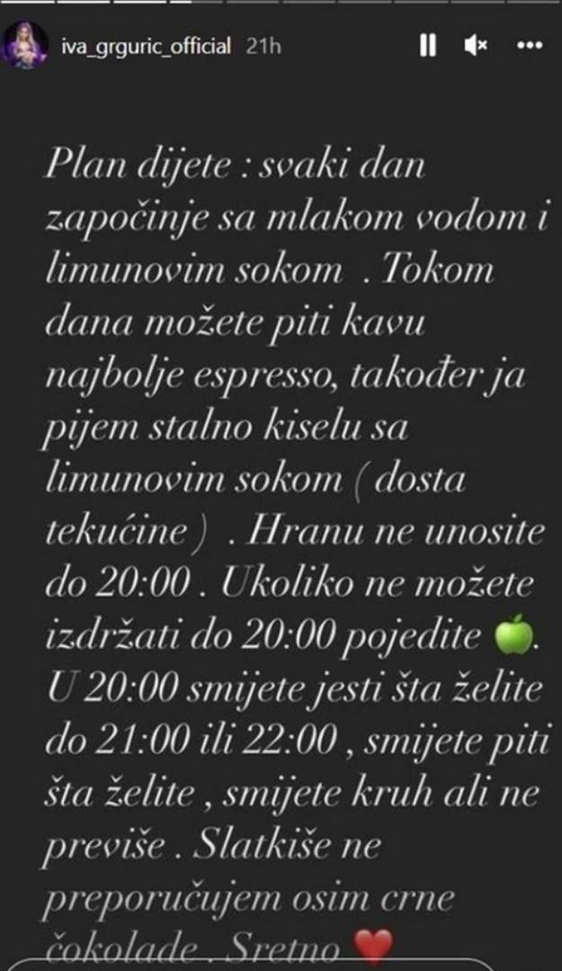 Iva Grgurić podijelila je na svom Instagramu svoj plan prehrane
