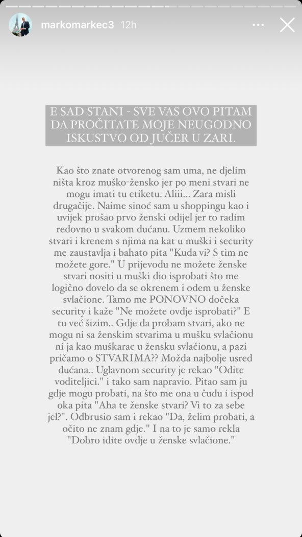 Marku Cuccurinu zaposlenici u Zari nisu dopustili da isproba žensku odjeću u muškoj garderobi