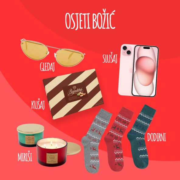 Arena Centar i Arena Park (s lijeva na desno):
Alexander McQueen sunčane naočale, Optika Anda; Mobitel Apple iPhone 15, iStyle; Muške čarape, Reserved; Mirisna svijeća, Pepco; Kraš praline Bajadera, Interspar