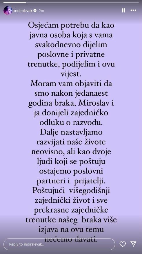 Indira Levak objavila da se razvodi