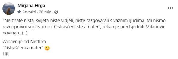 Facebook status Mirjane Hrge o Zoranu Milanoviću