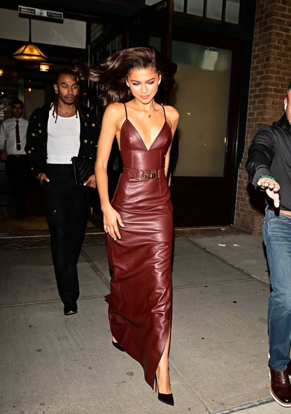 Zendaya u burgundy kožnoj haljini