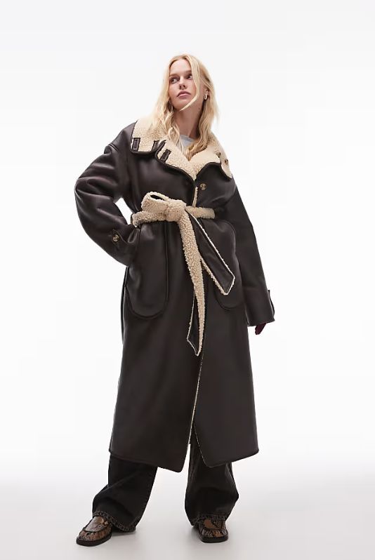 Topshop faux leather oversized shearling trench coat in dark brown/ ASOS/ 149 eura