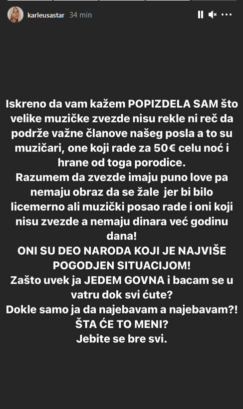 Karleuša uputila bijesnu poruku kolegama: 'Zašto uvijek ja jedem g*vna'