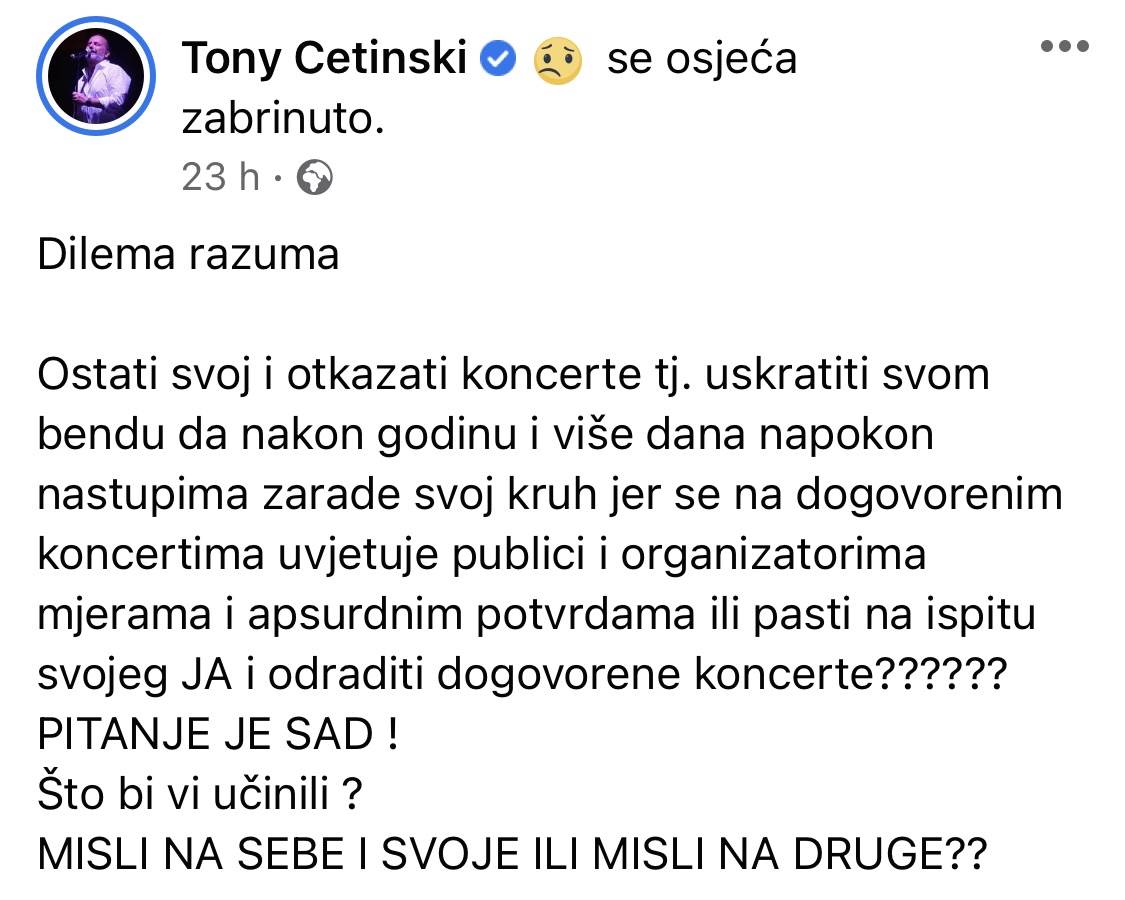 Tony Cetinski se pita: 'Poštovati mjere ili odustati od zarade' 