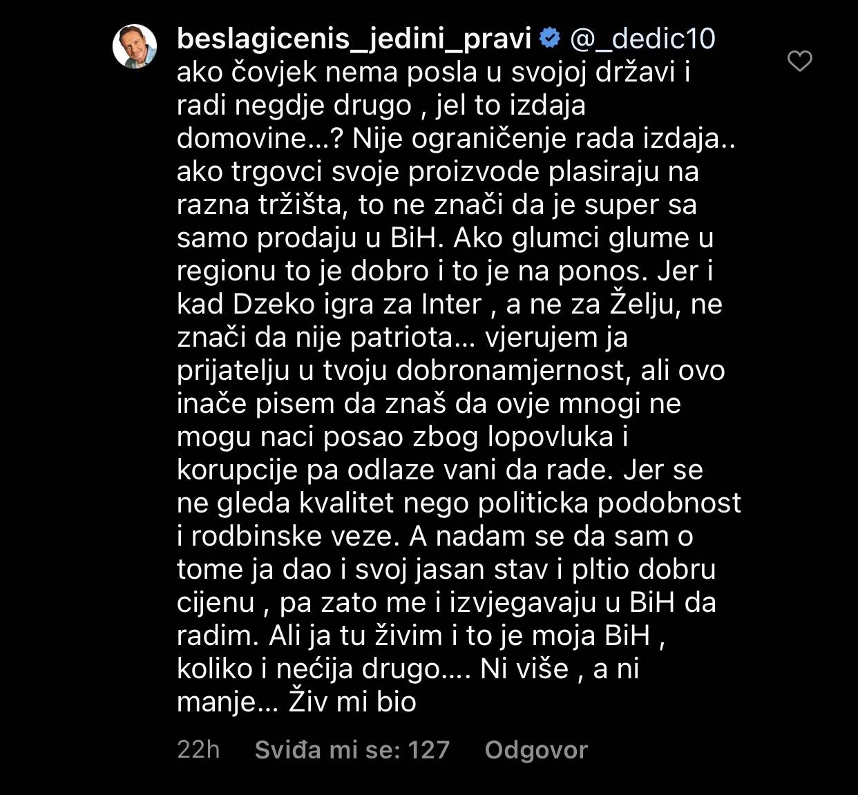 Enis Bešlagić odgovorio na Instagramu