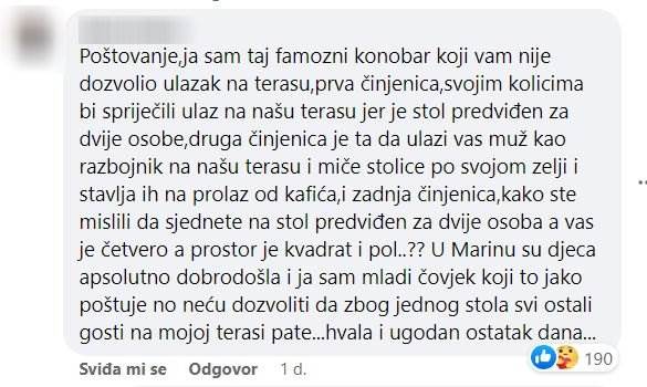 Odgovor konobara za kojeg Tina Kosor tvrdi da nije dopustio da djeca budu na terasi kafića