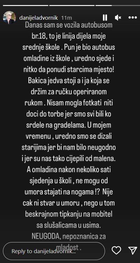 Danijela Dvornik je ljutita jer mlađi nisu ponudili starijima mjesto u autobusu.