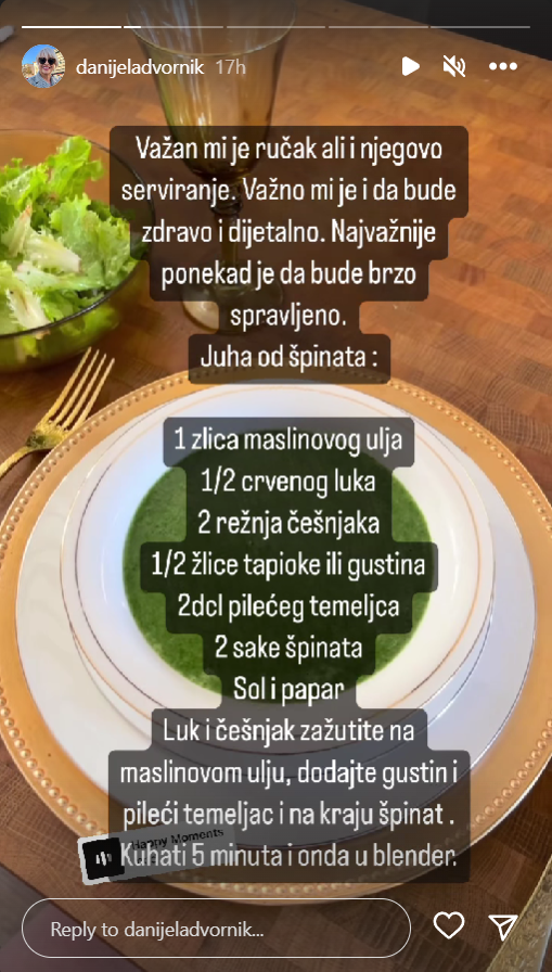 Danijela Dvornik podijelila detaljan recept njezinog ručka