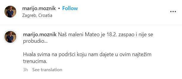 Preminuo je jednogodišnji sin Marija Možnika