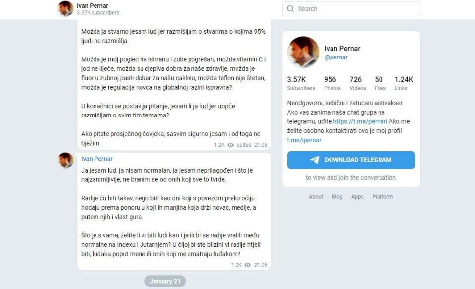 Ekstremisti, ali i antivakseri poput Pernara obožavaju aplikaciju Telegram